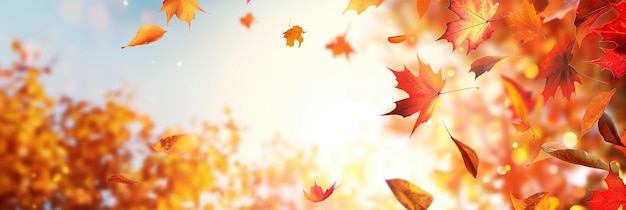 Una bella scena di bandiera d'autunno con foglie che cadono dagli alberi