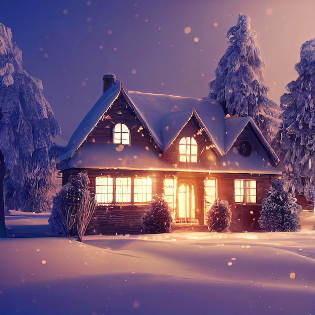 Una bella scena di Natale all'aperto illustrazione di una casa di Natale con neve paesaggio invernale in un villaggio