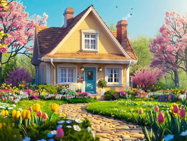 Una bella scena primaverile con una casa e dei fiori