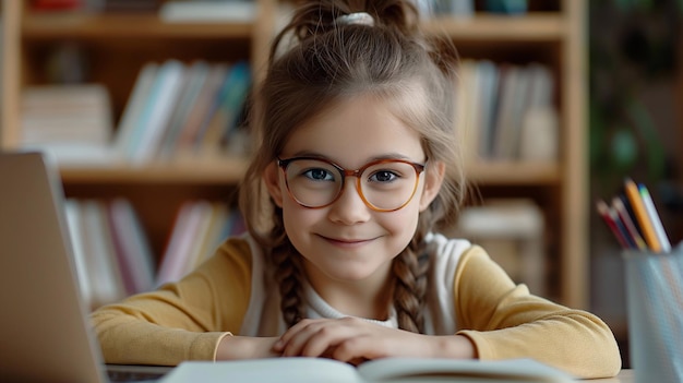 Una bella scolaretta con gli occhiali che fa i compiti a casa un bambino alla scrivania in una stanza per bambini