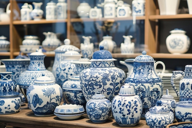 Una bella serie di vari pezzi di ceramica blu e bianca che mostrano disegni tradizionali
