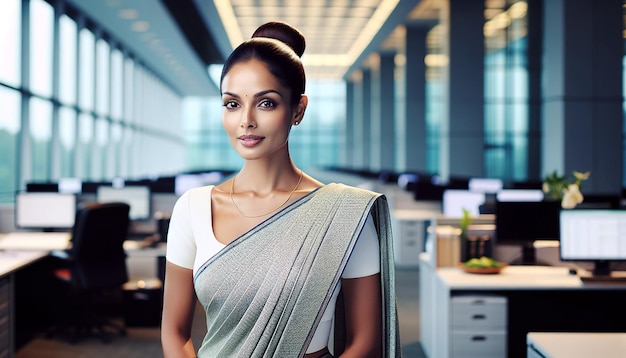 Una bella signora dello Sri Lanka in saree in ufficio