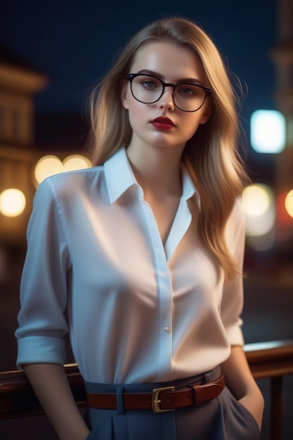 Una bella signora europea in camicia pantaloni e occhiali su uno sfondo notturno