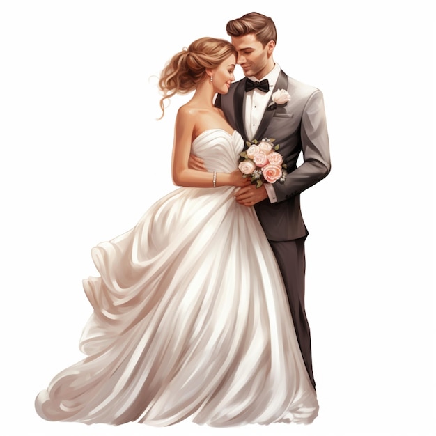 Una bella sposa e uno sposo su uno sfondo bianco