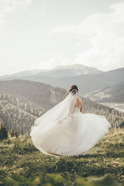 Una bella sposa in abito da sposa sta girando in montagna. Foto verticale. Vista posteriore.