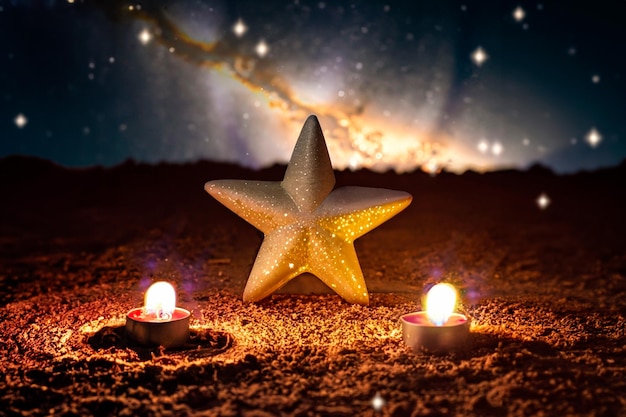 Una bella stella dorata circondata da candele in un'atmosfera natalizia Spazio per il testo