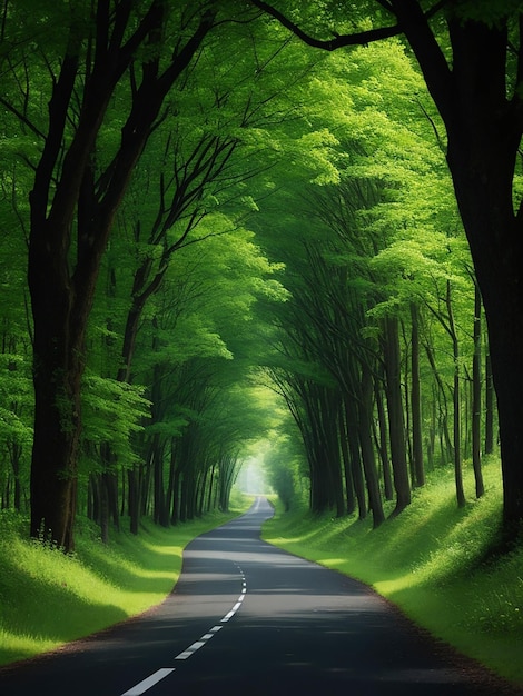 Una bella strada con un bellissimo albero verde