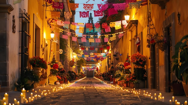 Una bella strada di una città messicana è decorata con bandiere e fiori colorati di papel picado per la celebrazione del Giorno dei Morti