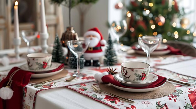 Una bella tavola per una cena di Natale La tavola è disposta con una tovaglia bianca e tovaglie rosse