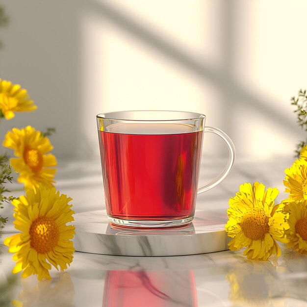 Una bella tazza di tè rosso caldo con camomilla margherita