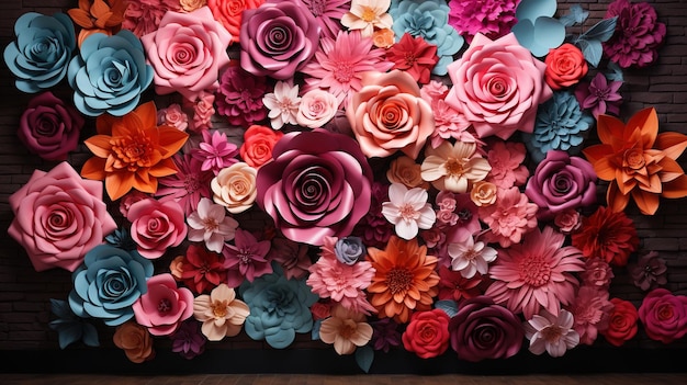 Una bella varietà colorata di fiori sullo sfondo della parete sullo sfondo completo