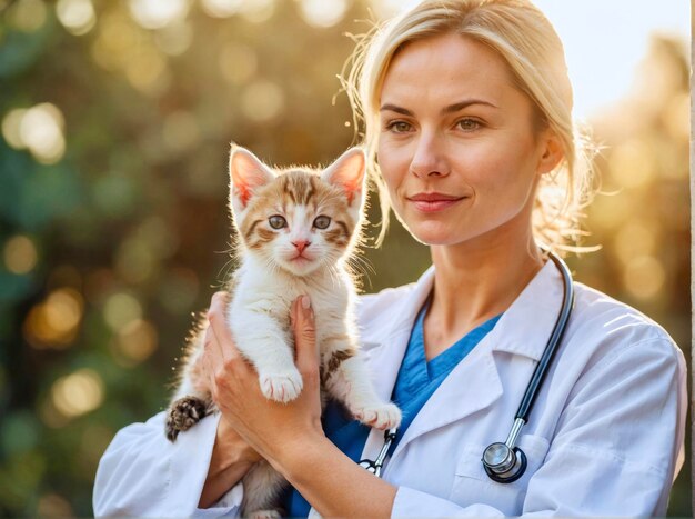 Una bella veterinaria che tiene in braccio un gatto carino sullo sfondo all'aperto