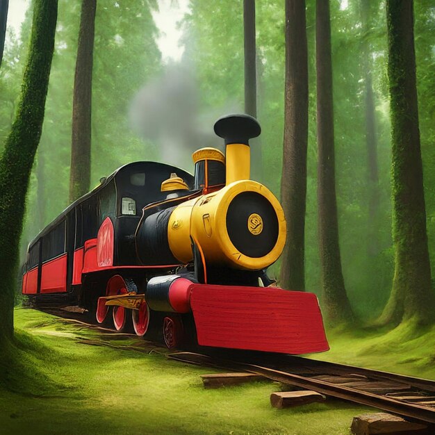 una bella vista di una locomotiva di legno su una strada forestale nel mezzo degli alberi