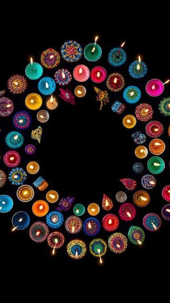 Una bella vista di vari progetti di illuminazione dal colorati con candele per diwali