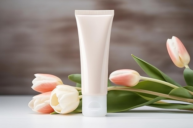 Una bellezza in fiore che svela il nutrimento della natura con un tubo di crema per il viso senza marchio in mezzo a TulipFil