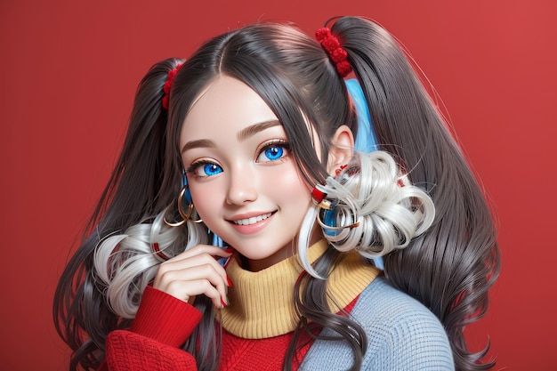 Una bellezza sorridente con fiocchi di capelli a cascata coda gemella e un maglione rosso brillante i suoi occhi blu