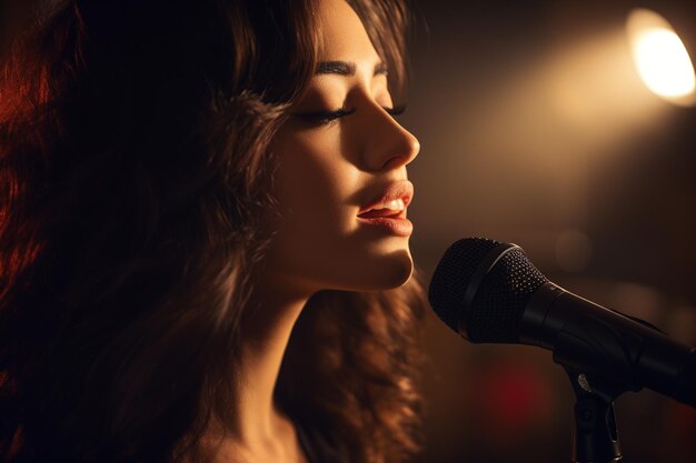 una bellissima cantante femminile con il microfono in stile vintage su uno sfondo bokeh