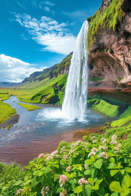 Una bellissima cascata in Islanda con un arcobaleno nella nebbia