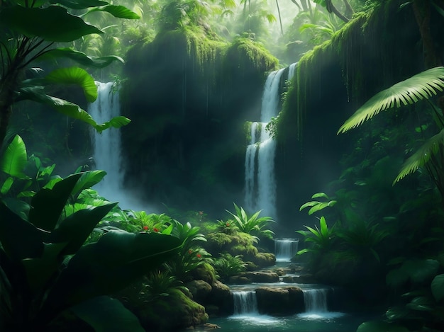 Una bellissima cascata nella foresta Illustrazione generativa dell'IA
