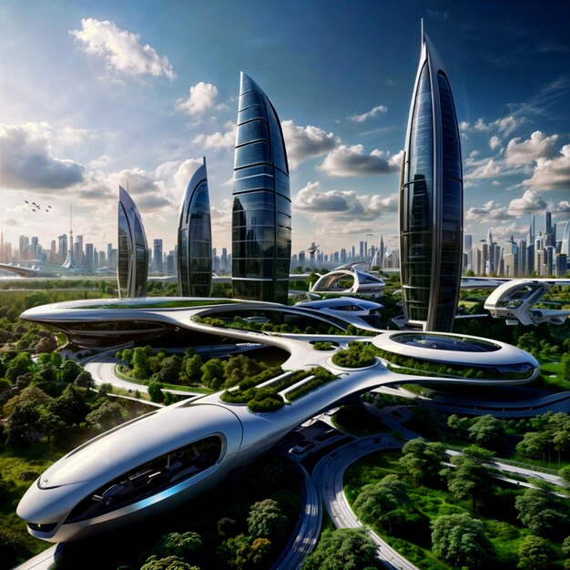Una bellissima città futuristica del futuro è circondata dal verde