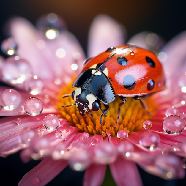 Una bellissima coccinella su uno sfondo di fiori freschi