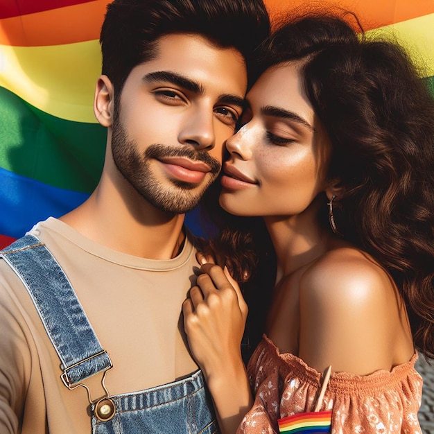 Una bellissima coppia gay con i colori della bandiera dell'arcobaleno che posa per un servizio fotografico per il mese dell'orgoglio LGBTQ