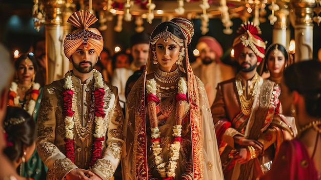 Una bellissima coppia indiana in abiti da sposa tradizionali La sposa indossa un sari rosso e oro e lo sposo indossa un sherwani bianco e oro