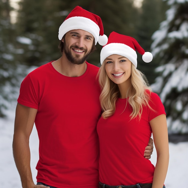 una bellissima coppia indossa entrambi magliette rosse e cappelli di Babbo Natale