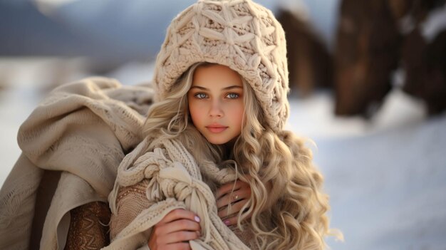 Una bellissima donna bionda con un bambino carino in inverno