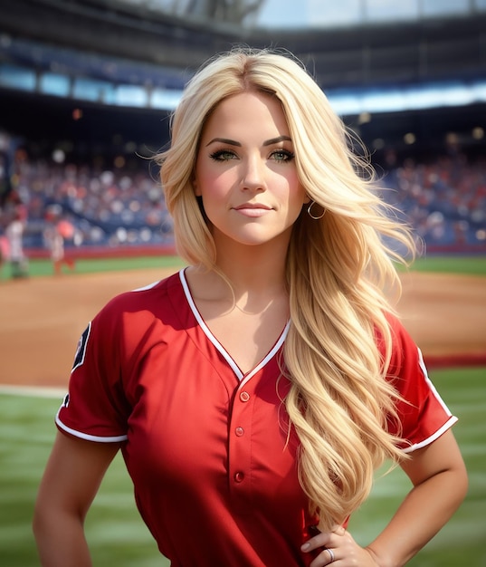 Una bellissima donna bionda su un campo da baseball sullo sfondo