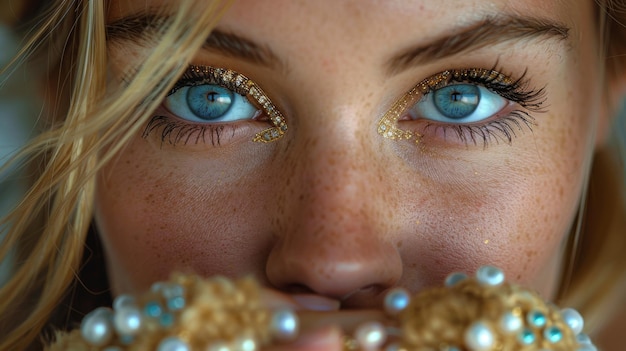 Una bellissima donna bionda tiene lunghe ciglia finte e gioielli d'oro con un'espressione sognante che indossa perle e pietre blu