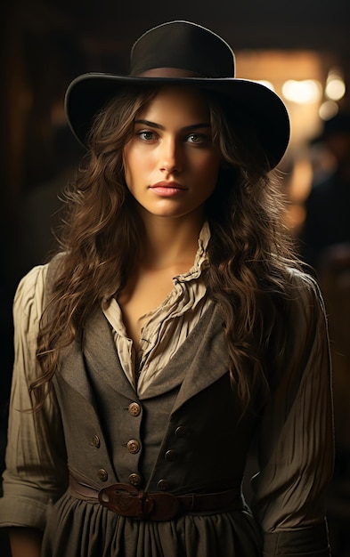 Una bellissima donna del Wild West in abito da cowboy.