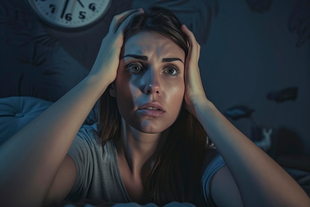 Una bellissima donna disperata con insomnia e depressione.