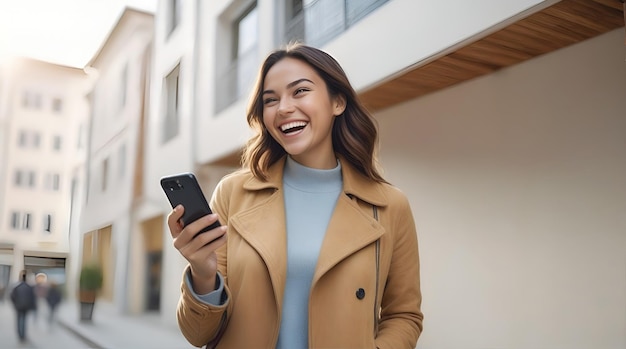 una bellissima donna generativa si sta godendo l'eccitazione di usare un cellulare