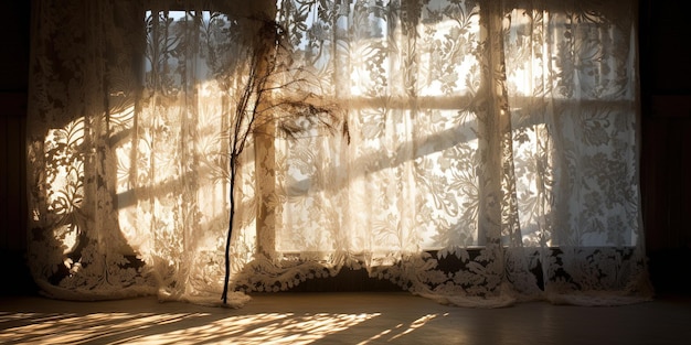 Una bellissima e intricata tenda di pizzo cattura la luce mattutina lanciando ombre complesse