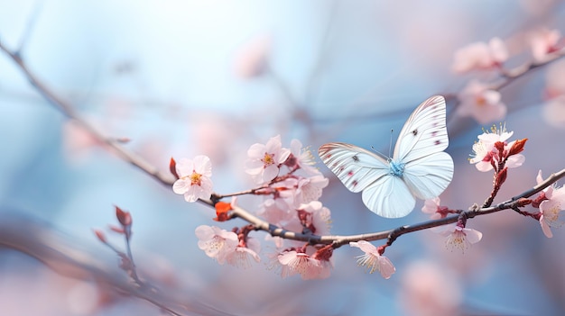 Una bellissima farfalla bianca su un albero in fiore primaverile