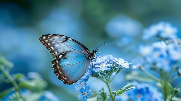 Una bellissima farfalla blu si siede su un fiore la farfalla è circondata da foglie verdi e fiori blu lo sfondo è morbido e sfocato