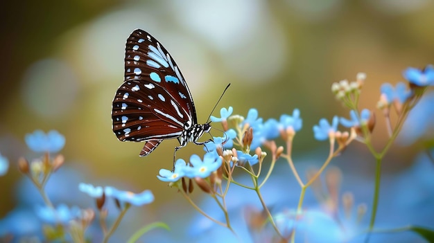 Una bellissima farfalla con segni blu scuro e blu chiaro sulle ali è appollaiata su un gambo di fiori blu
