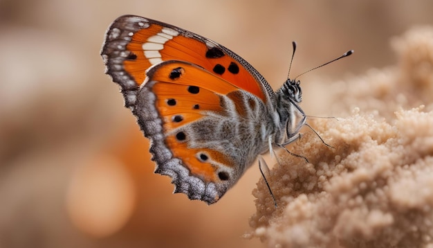 Una bellissima farfalla con texture interessanti su un'arancia