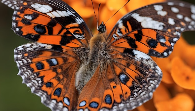 Una bellissima farfalla con texture interessanti su un'arancia