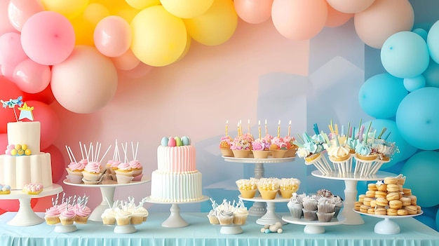 Una bellissima festa di compleanno con un tema a colori pastello