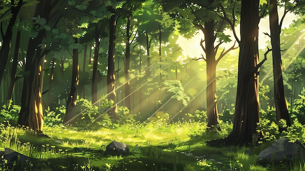 Una bellissima foresta con alberi verdi lussureggianti e un sole brillante che splende attraverso il baldacchino