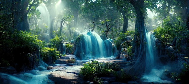 Una bellissima foresta incantata con grandi cascate di alberi da favola e una grande vegetazione Illustrazione di sfondo della pittura digitale