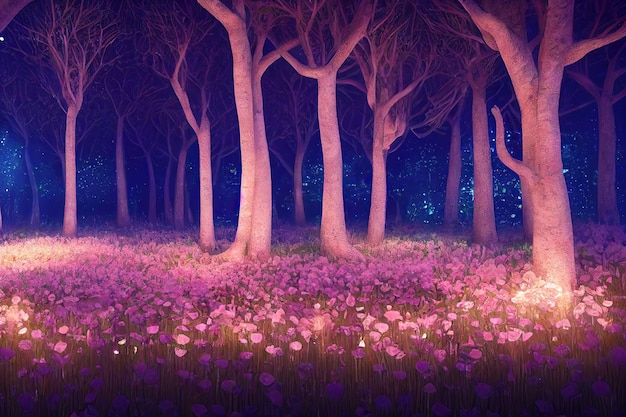 Una bellissima foresta incantata da favola di notte con grandi alberi al chiaro di luna e vegetazione rosa
