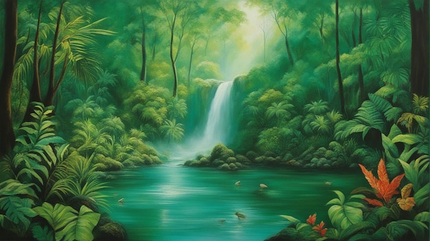 Una bellissima foresta incantata di favole con grandi alberi e cascate d'acqua vegetazione pittura digitale