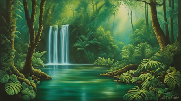 Una bellissima foresta incantata di favole con grandi alberi e cascate d'acqua vegetazione pittura digitale