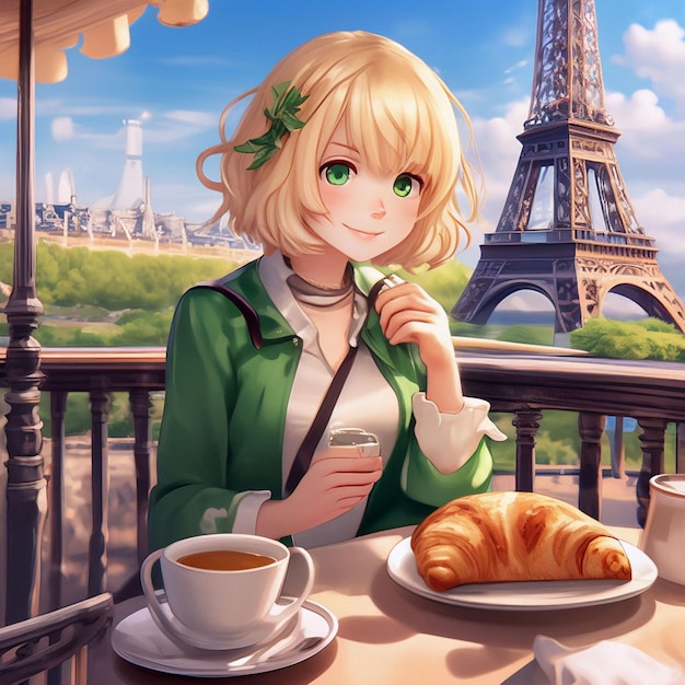 Una bellissima giovane donna a Parigi che beve caffè e mangia un croissant in stile Anime