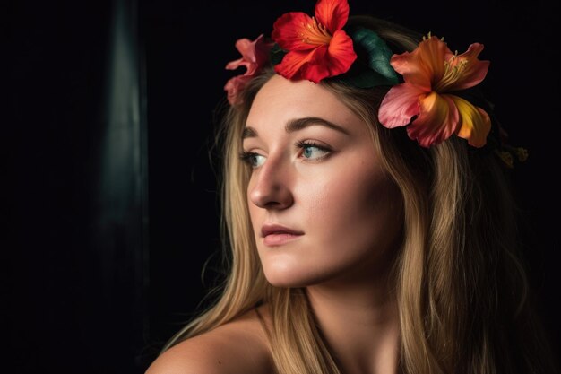 Una bellissima giovane donna che indossa un fiore tra i capelli