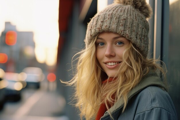 una bellissima giovane donna con cappello e sciarpa invernali