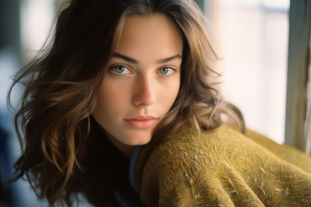 una bellissima giovane donna con un maglione giallo che guarda la telecamera